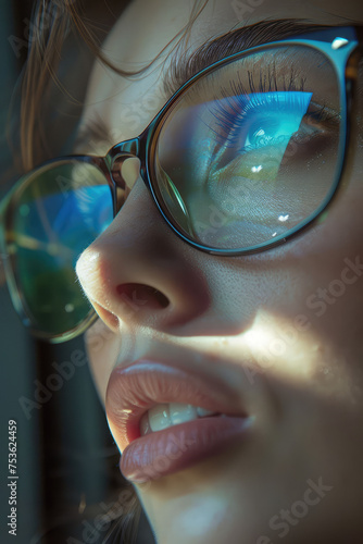 Close-up of Woman's Eye Through Glasses. Detailed view of young female eyes magnified behind glasses.