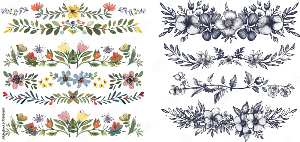 Set of floral hand drawn border Set of floral hand drawn border