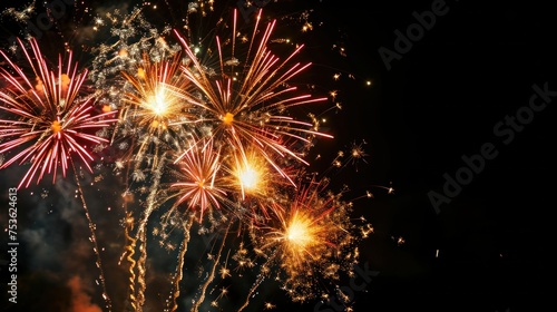 Beautiful fireworks show to celebrate Chinese lunar new year. Abstract over black background.
