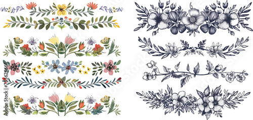Set of floral hand drawn border