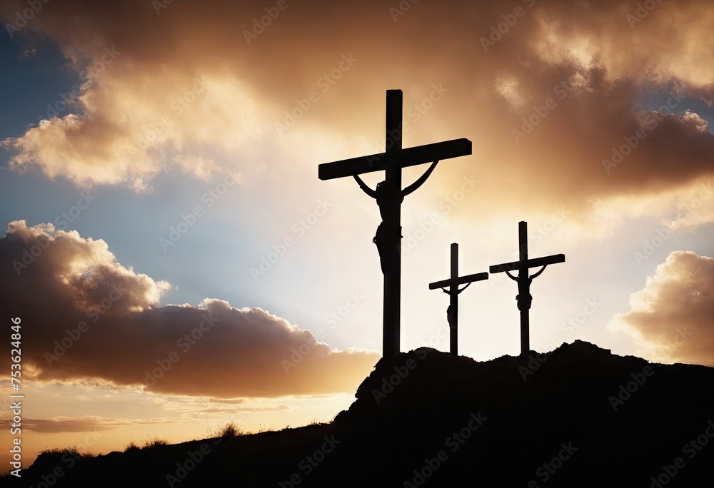 Silhouettes of three crosses on mountain against the background of sunset in sky. Concept of the Christian religion, Easter and resurrection. Ai generation