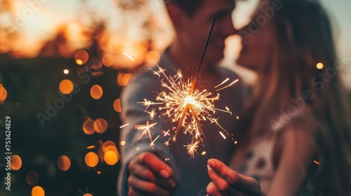 A young couple play with sparkler fireworks in holiday celebration event party.