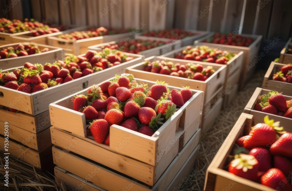 Wooden crates with ripe strawberries stand in rows. Agriculture, berry harvesting, strawberry beds Wooden crates with ripe strawberries stand in rows. Agriculture, berry harvesting, strawberry beds