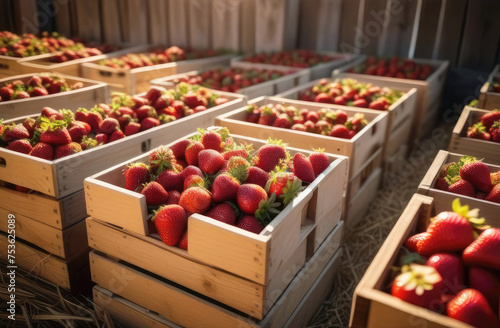 Wooden crates with ripe strawberries stand in rows. Agriculture, berry harvesting, strawberry beds