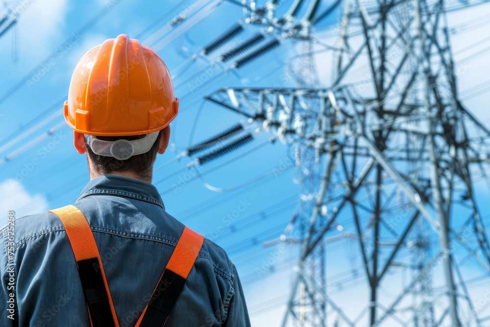 A male electrical engineer in a hard hat stands next to a high-voltage line, viewed from the back. AI generative A male electrical engineer in a hard hat stands next to a high-voltage line, viewed from the back. AI generative