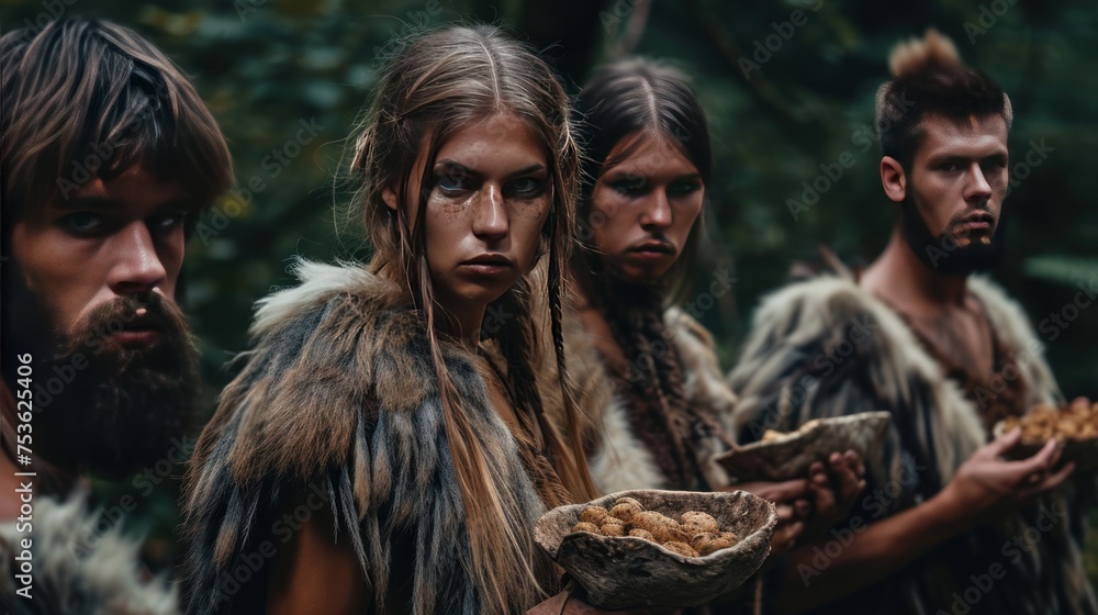 Cavewoman in field collecting food in prehistoric jungle. Photorealistic. Cavewoman in field collecting food in prehistoric jungle. Photorealistic.