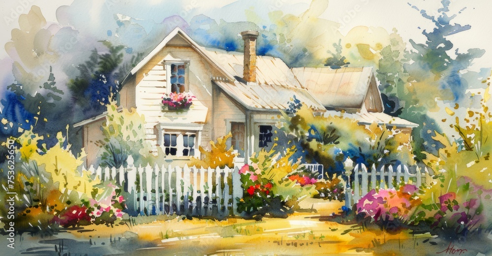 A charming watercolor painting featuring a house surrounded by a fence and colorful flowers. A charming watercolor painting featuring a house surrounded by a fence and colorful flowers.