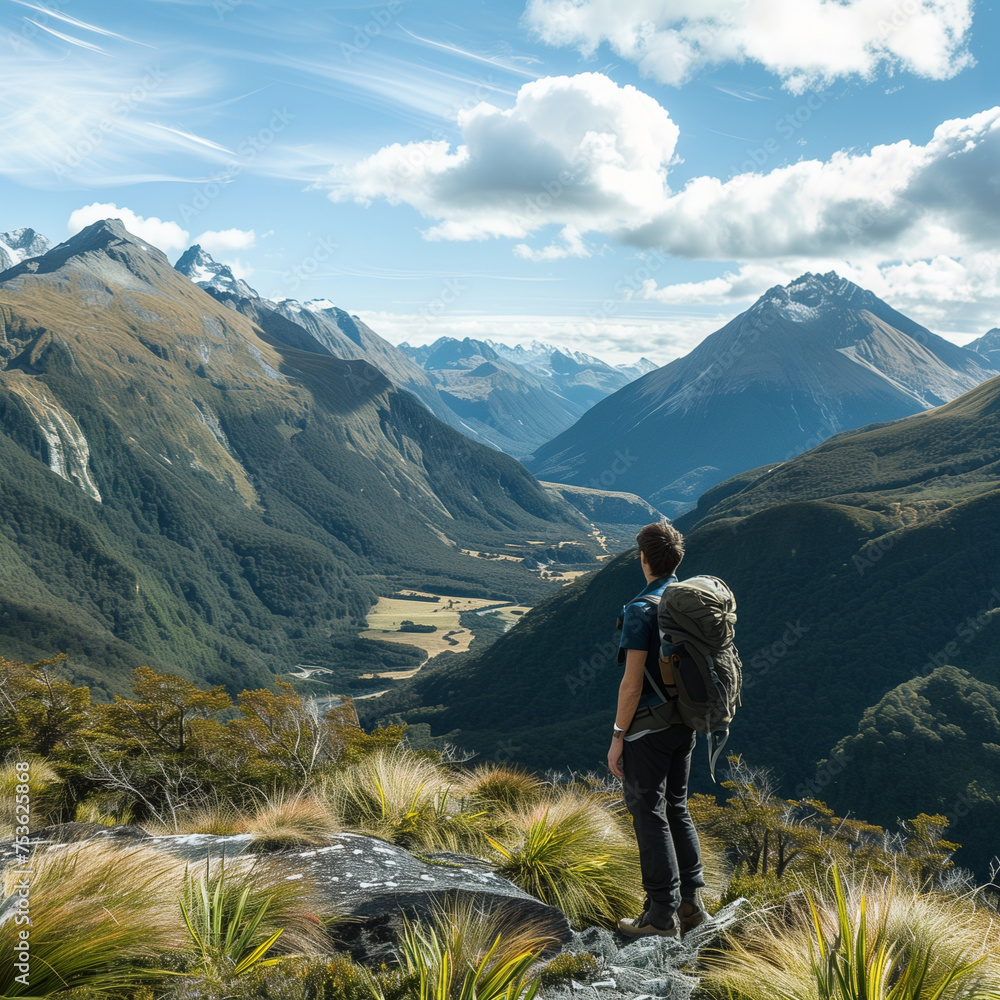 A panoramic view of a hiker stopping to admire a scenic vista, with mountains in the distance, embodying the union of physical activity and mindfulness in nature
