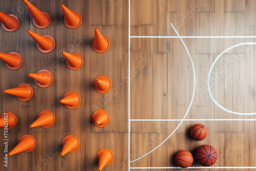 Basketball Training Court. View From Above. Basketball Equipment on Practice Pitch. Wooden Basketball Court photo