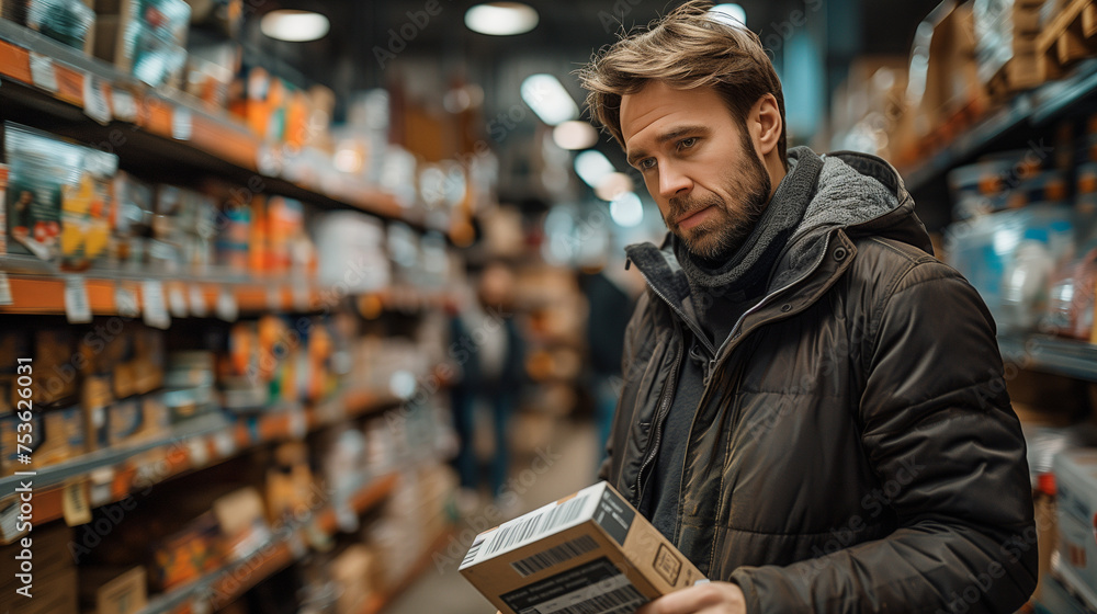 salesman in a hardware warehouse standing checking scan box in logistics for inventory check using barcode reader. salesman in a hardware warehouse standing checking scan box in logistics for inventory check using barcode reader.