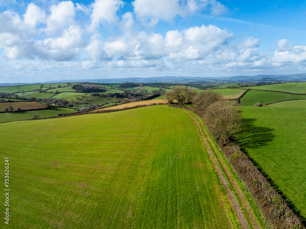 Fields and farms from a drone, Devon, England, Europe