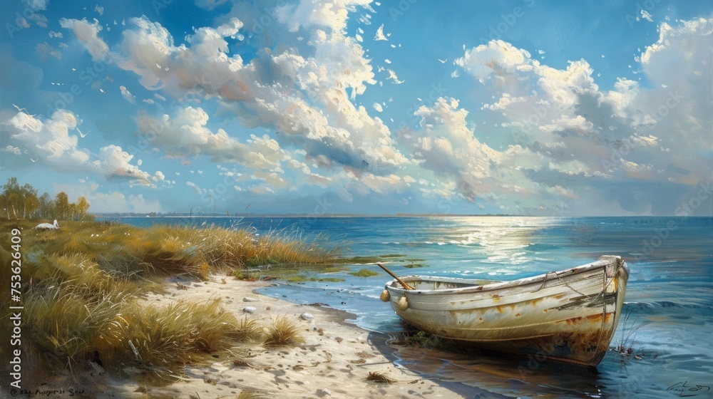 Obraz premium Boat on the beach at sunrise time.