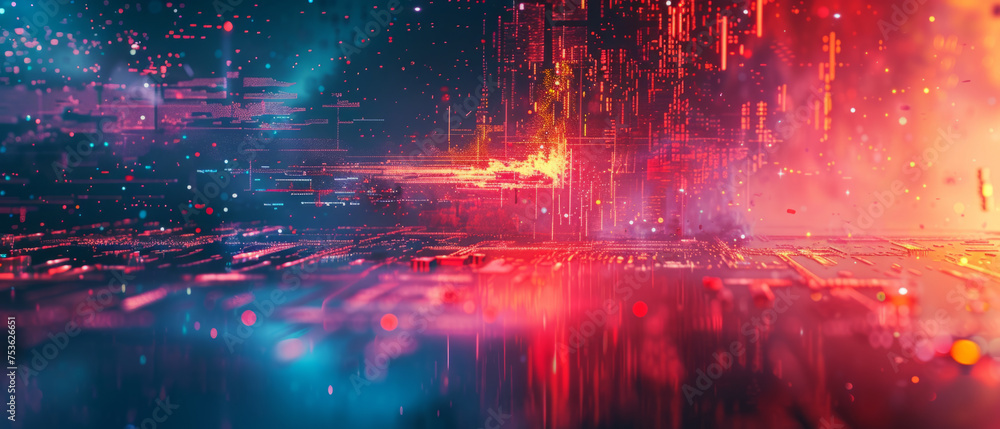 Vivid abstract image depicting a futuristic cityscape with neon lights and digital noise reminiscent of a cyberspace environment.