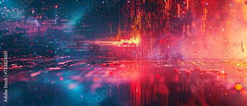 Vivid abstract image depicting a futuristic cityscape with neon lights and digital noise reminiscent of a cyberspace environment.