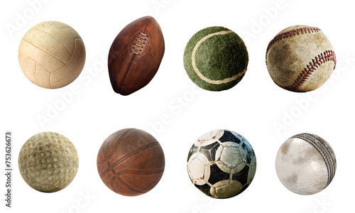 set of sport games old used balls isolated on transparent background photo