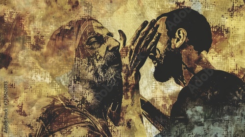 Blind Bartimaeus Receives Sight Jesus. Inspirational bible verse. Grunge photo