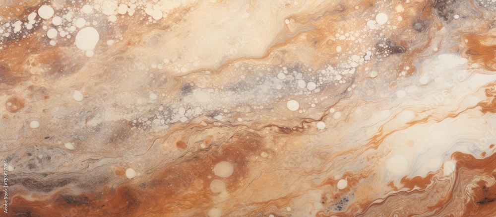 Glossy marbled surface with beige brown and cream patterns and speckles Glossy marbled surface with beige brown and cream patterns and speckles