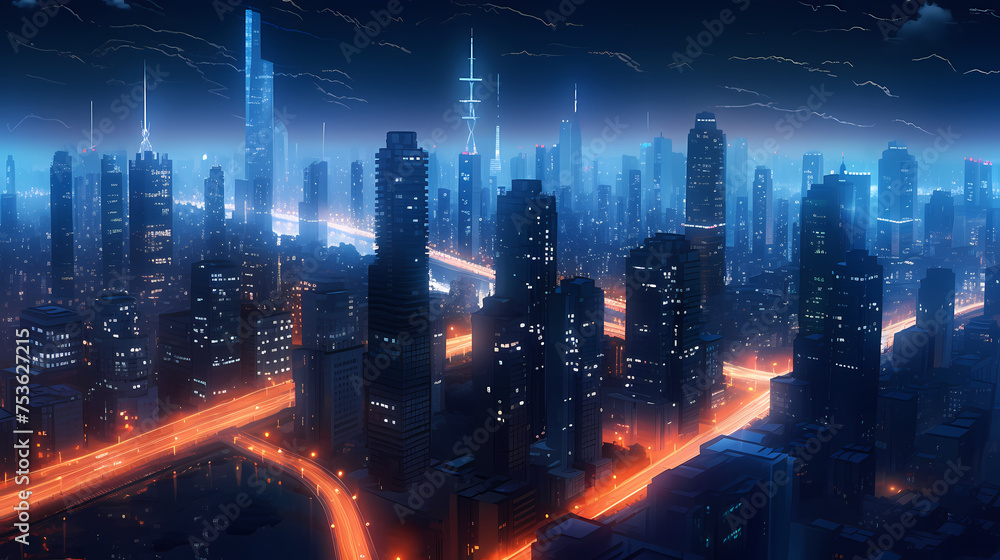 A bird's eye view of the bustling city at night A bird's eye view of the bustling city at night
