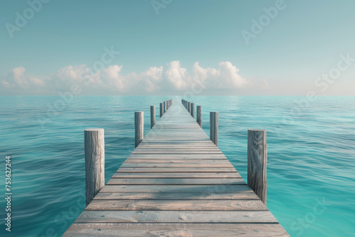 A serene wooden pier extends into the calm blue sea under a clear sky with soft clouds on the horizon  conveying a sense of tranquility and escape.