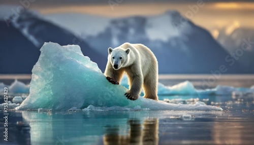 canada nunavut territory polar bear ursus maritimus climbing onto melting iceberg floating in frozen strait near arctic circle along hudson bay photo