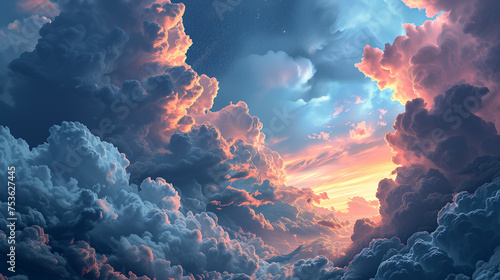 Real majestic sunrise sundown sky background with gentle colorful clouds, Panoramic