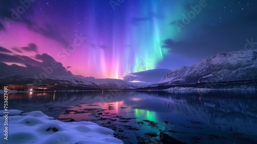 Beautiful aurora northern lights in night sky with lake snow forest in winter.