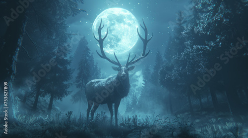 Majestic stag with large antlers standing in a misty forest under a luminous full moon at night, exuding a mystical and tranquil atmosphere.