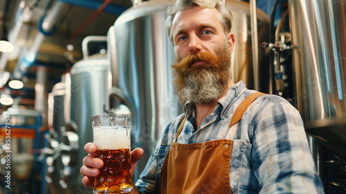 brewer holding glass with light craft beer. Professional worker examining beer on factory with modern equipment.