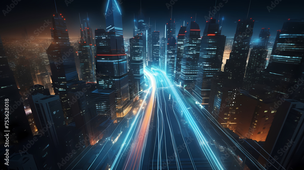 Obraz premium A bird's eye view of the bustling city at night