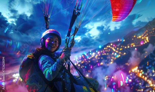 female paragliding suspended in mid-air, soaring gracefully above a picturesque neon landscape  photo