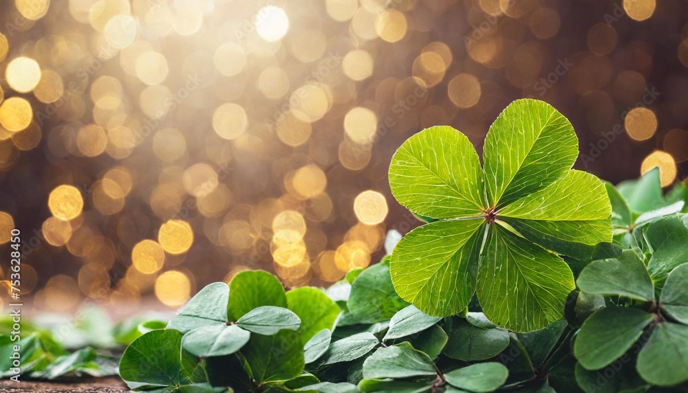 new year background banner with copy space lucky clover leaves with magical bokeh lights against beautiful brown background clover shamrock good luck - obrazy, fototapety, plakaty 