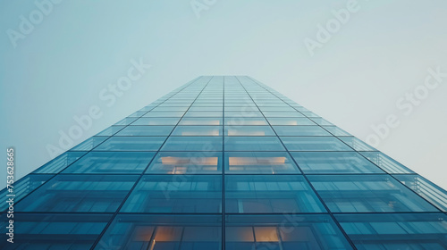 Low angle view of a modern glass skyscraper facade against a clear sky with visible windows and soft reflections, showcasing an example of contemporary architecture and urban development.