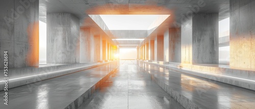 An abstract futuristic building on an empty concrete floor with a 3D render...