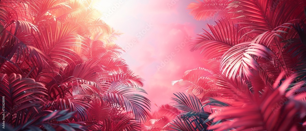 Summer-themed background with vibrant pink canvas and pastel palm leaves in tropical shades