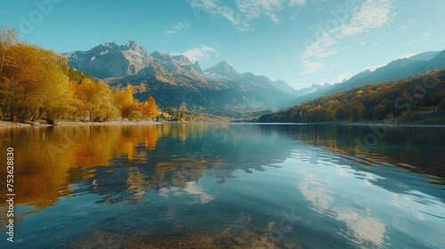A serene autumn landscape featuring a crystal clear lake reflecting the vibrant colors of fall foliage with majestic mountains in the background under a blue sky.