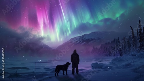 A person and a dog in snow field with beautiful aurora northern lights in night sky in winter.