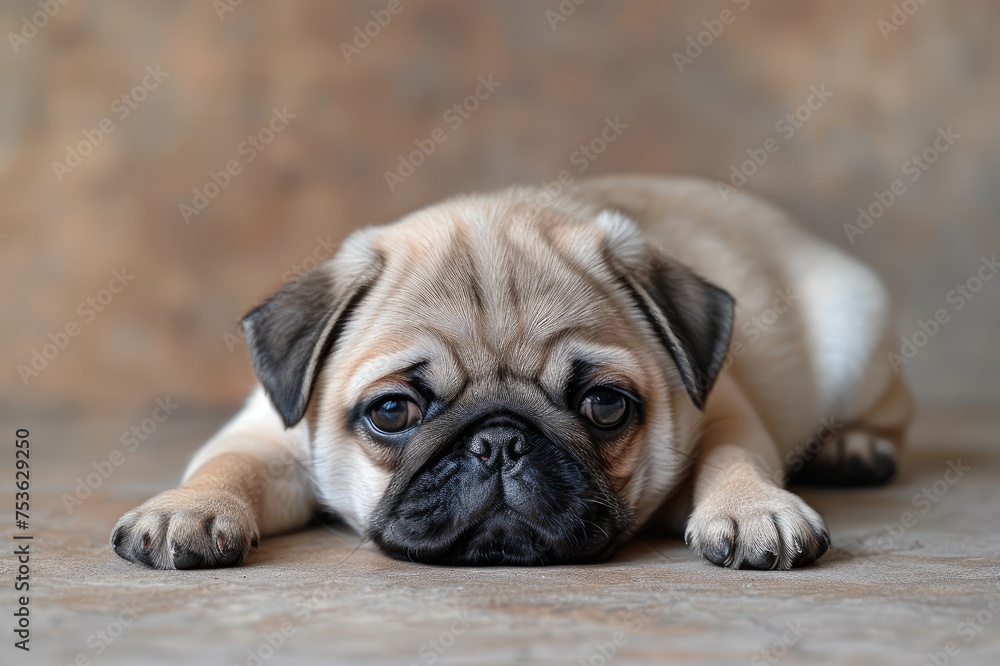 pug puppy laying on floor, in the style of emotionally complex