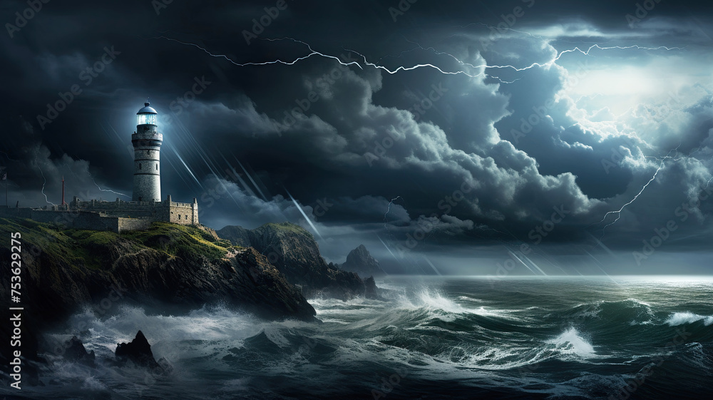 A solitary lighthouse on a stormy night guiding