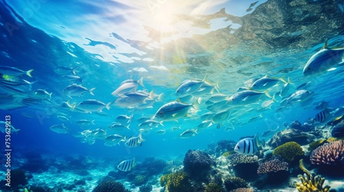 青い海を泳ぐ魚の群れ、海中の自然風景 © tota