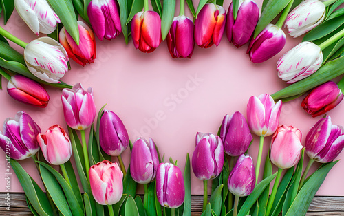Bunch of pink tulips making a heart over pink background. Happy mother's day, San Valentine's day or romantic concept.