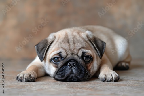 pug puppy laying on floor, in the style of emotionally complex © Andrus Ciprian