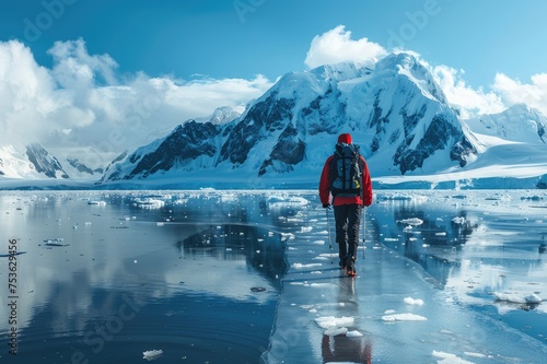 an explorer walking along the sea in Antarctica  photo