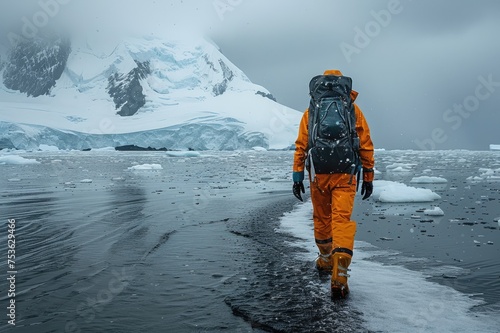 an explorer walking along the sea in Antarctica 