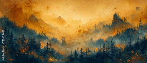 An abstract artistic background. Hand-painted ink landscape painting in Chinese style. Golden texture. Modern art prints, wallpapers, posters and murals. photo
