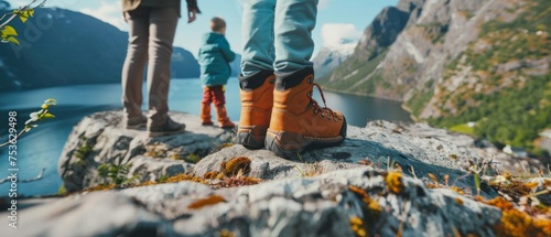Mountains view lake river fjord - Hiking hiker traveler landscape adventure nature sport background panorama - Family, man woman and child feet with hiking shoes standing on top of a high hill or rock photo