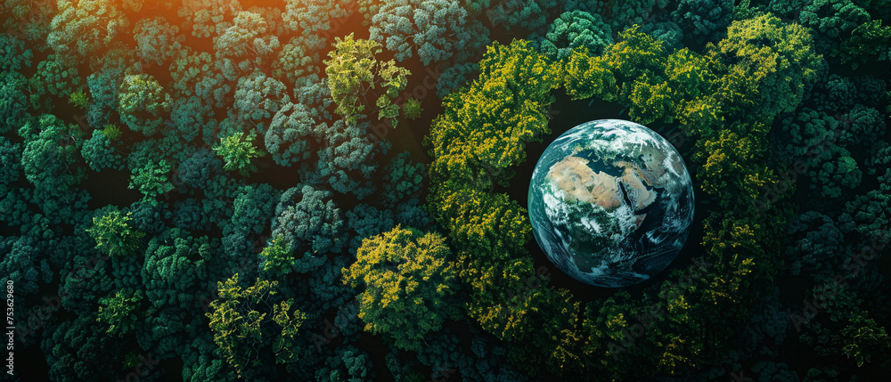 Aerial top view of green forest tree and a big global globe in a side