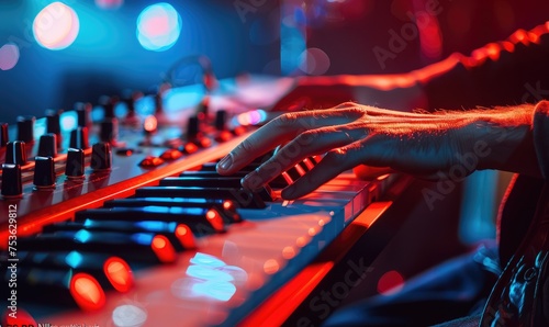 Electric keyboard player playing on stage