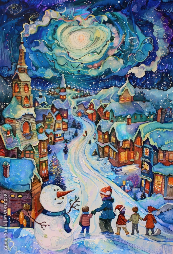 christmas town and chirldren playing snowman drawing, in the style of naive and childlike art