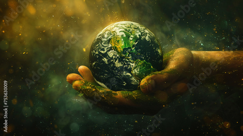 the hand of a business man with the earth with green background in his hand