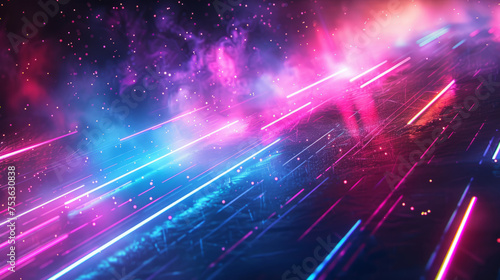 Abstract image featuring vibrant beams of light in pink, blue, and purple hues with bokeh effects, conveying a sense of energy, technology, or futuristic environment.